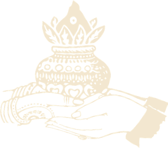Hands cradling a kalasha topped with a coconut and mango leaves